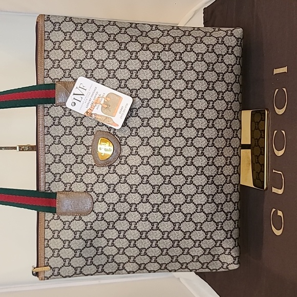 GUCCI PLUS VINTAGE 70'S ZIPPER TOP TOTE/COATED CANVAS/WEB SHERRY/EXCELLENT COND - Picture 1 of 17